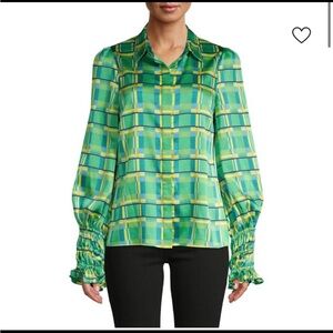 Alexis Vibrant Yellow and Green Luxury Collared Chic Checker Blouse $363 retail
